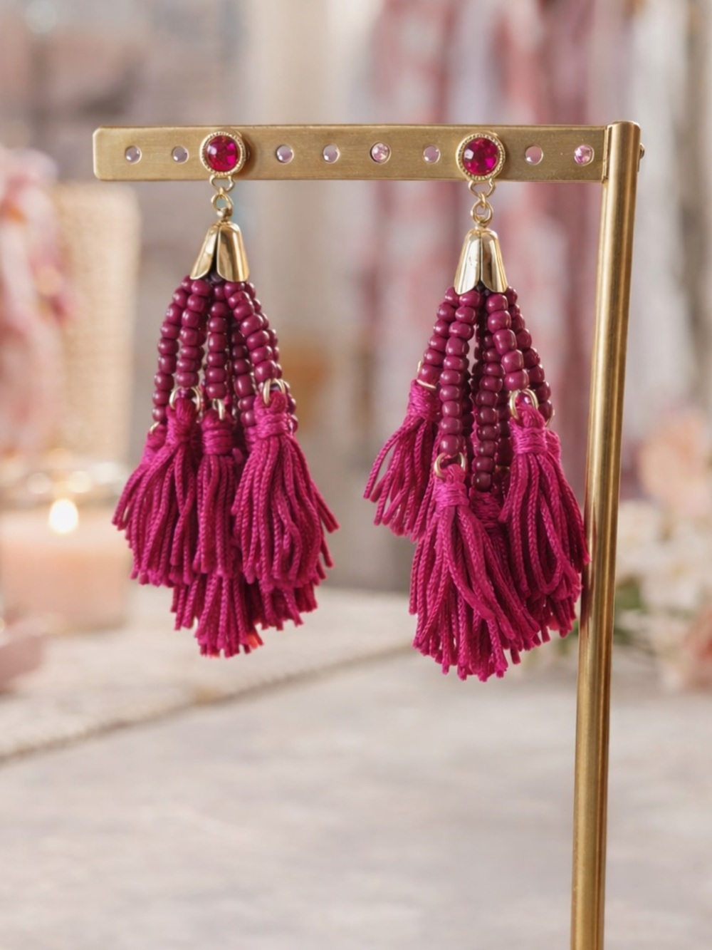 Ruby Tassel Statement Earrings | Bold Magenta Beaded Fringe | Gold Accent